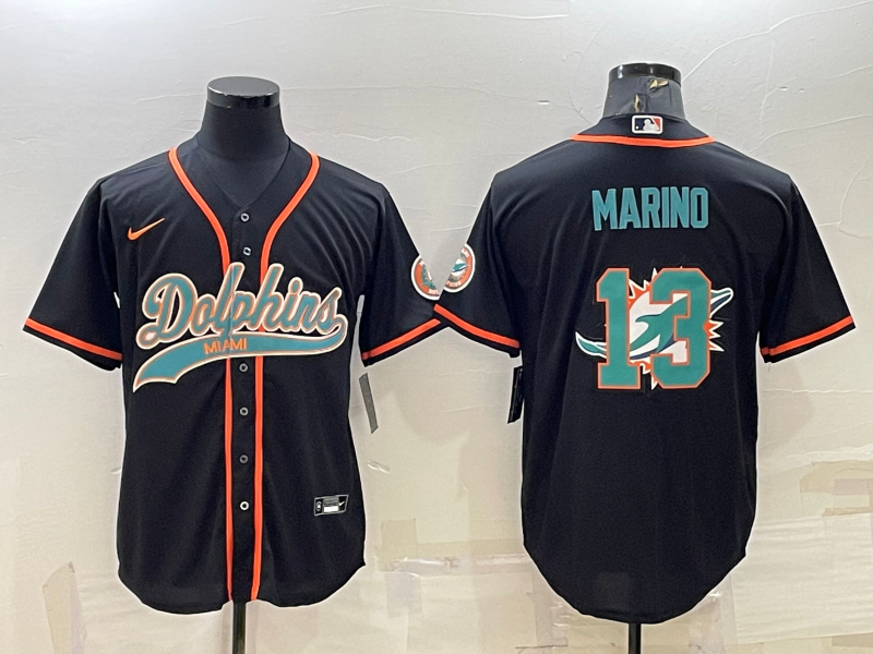 Men's Black Miami Dolphins #13 Dan Marino Team Big Logo With Patch Cool Base Stitched Baseball Jersey